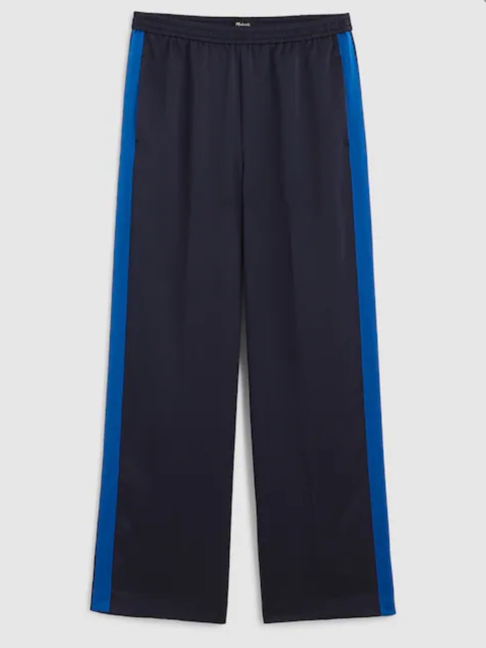 Madewell Navy Wide-Leg Satin Track Pants with Royal Blue Side Stripes